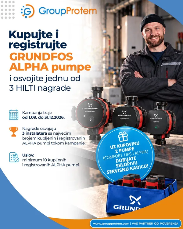 Kupujte i registrujte svoje GRUNDFOS ALPHA pumpe i osvojite jednu od 3 vredne HILTI nagrade!